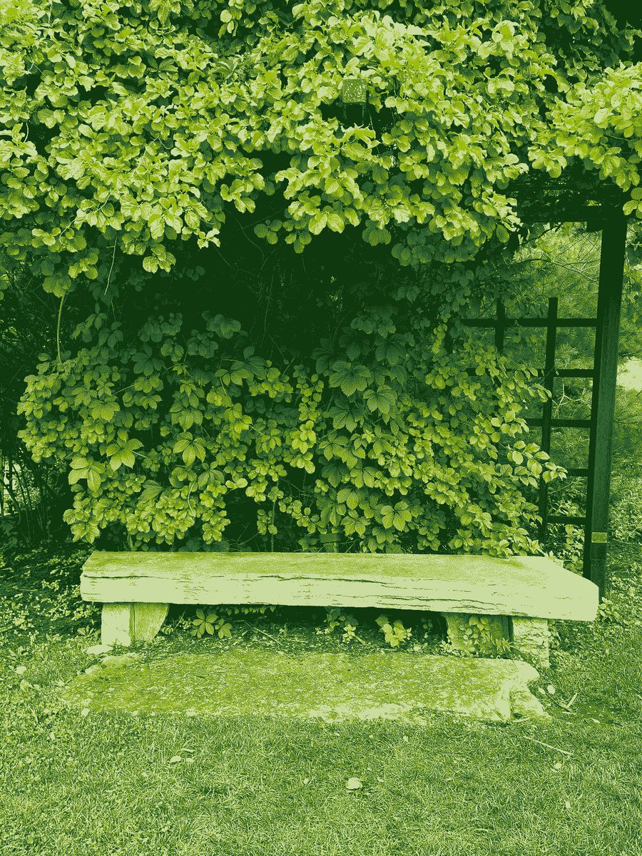 Low-res dithered photo showing a stone seat in a garden
