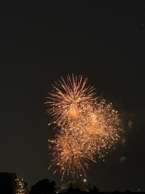 A large golden firework bursting over a city skyline, seen from a rooftop at night.