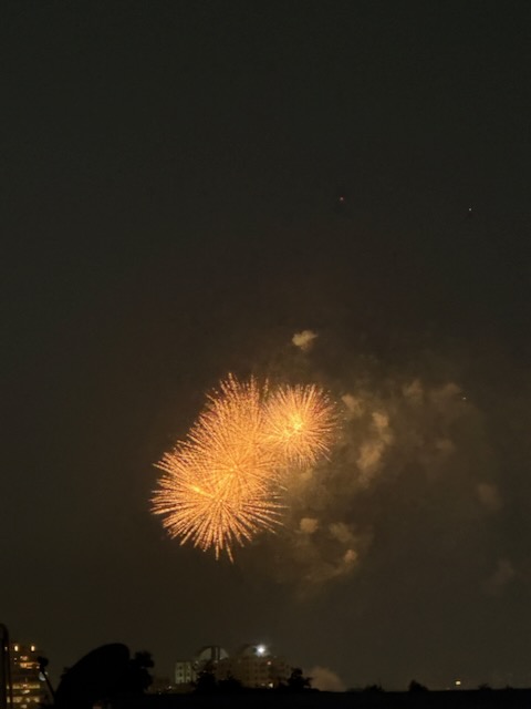 Two golden fireworks exploding side by side above the rooftops, with smoke drifting across the night sky.