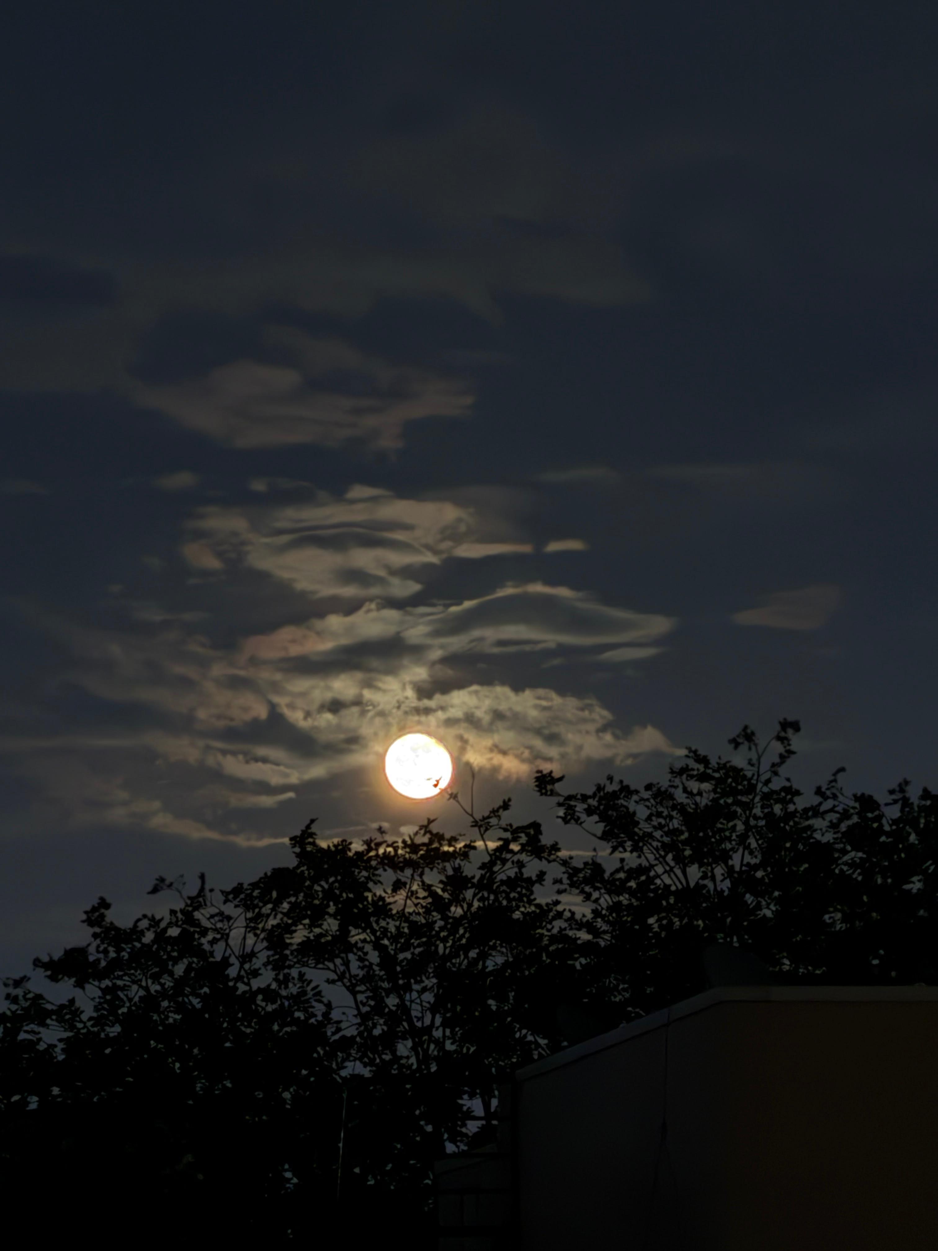 The full Moon glowing amber through thin clouds in a dark night sky, above the silhouettes of trees and a rooftop.