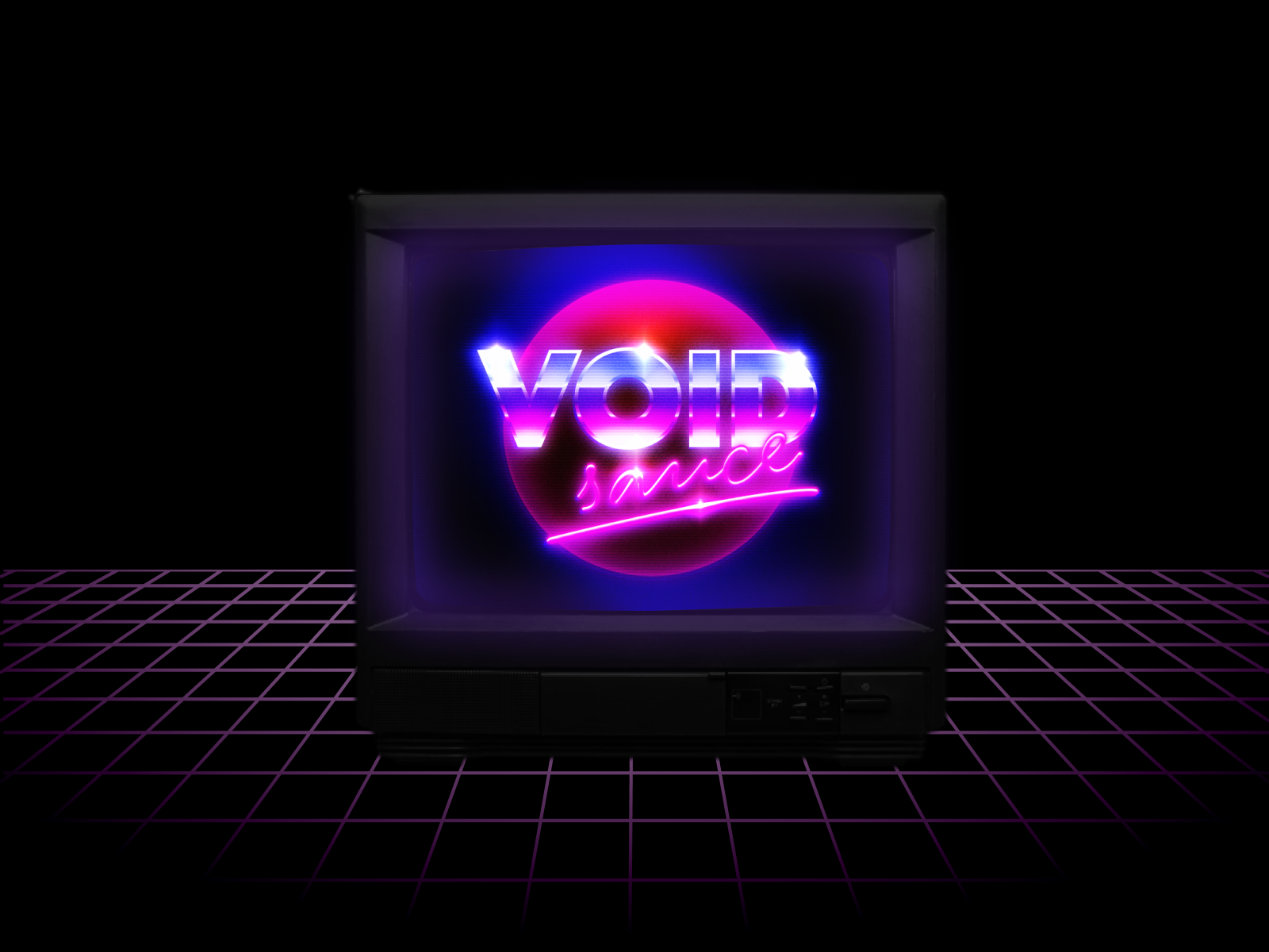 Image showing retro 80s neon logotype with text that reads VOID SAUCE in a CRT TV apparatus.