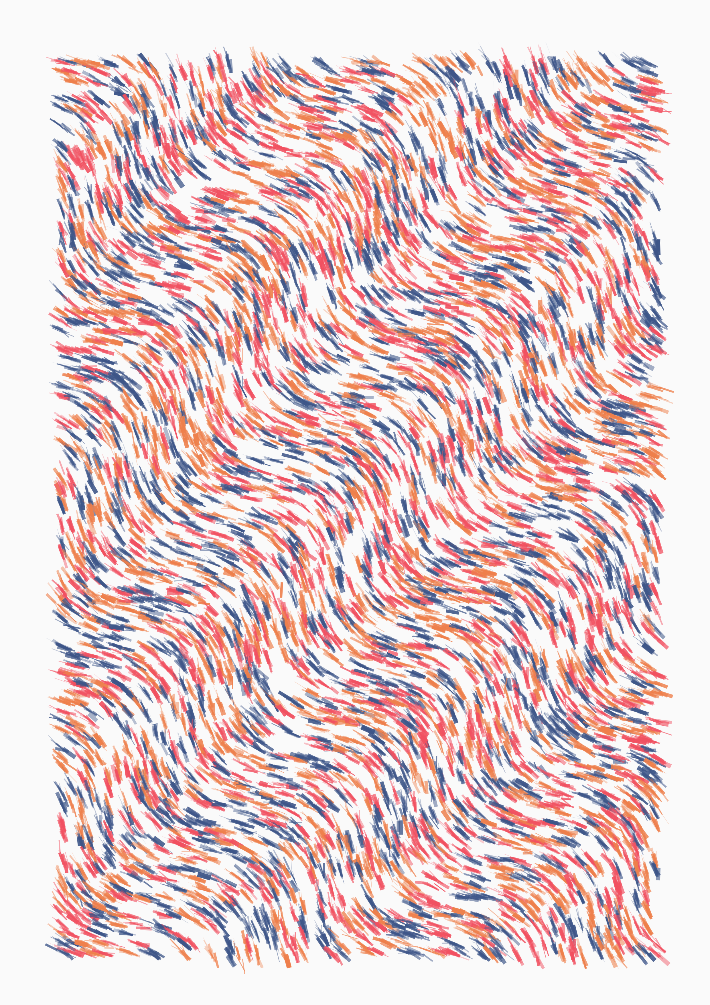 Image showing a wavy poster generated using an algorithm with three colors — alternating shades of blue, red, and orange.