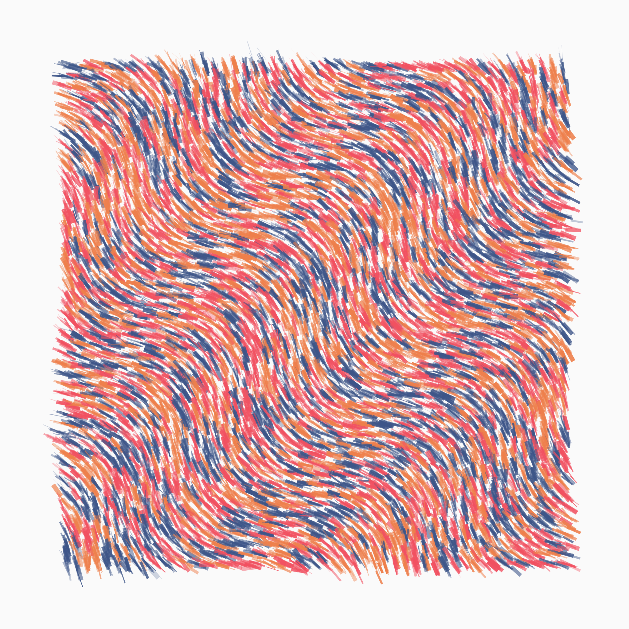 Image showing a wavy poster generated using an algorithm with three colors — alternating shades of blue, red, and orange.