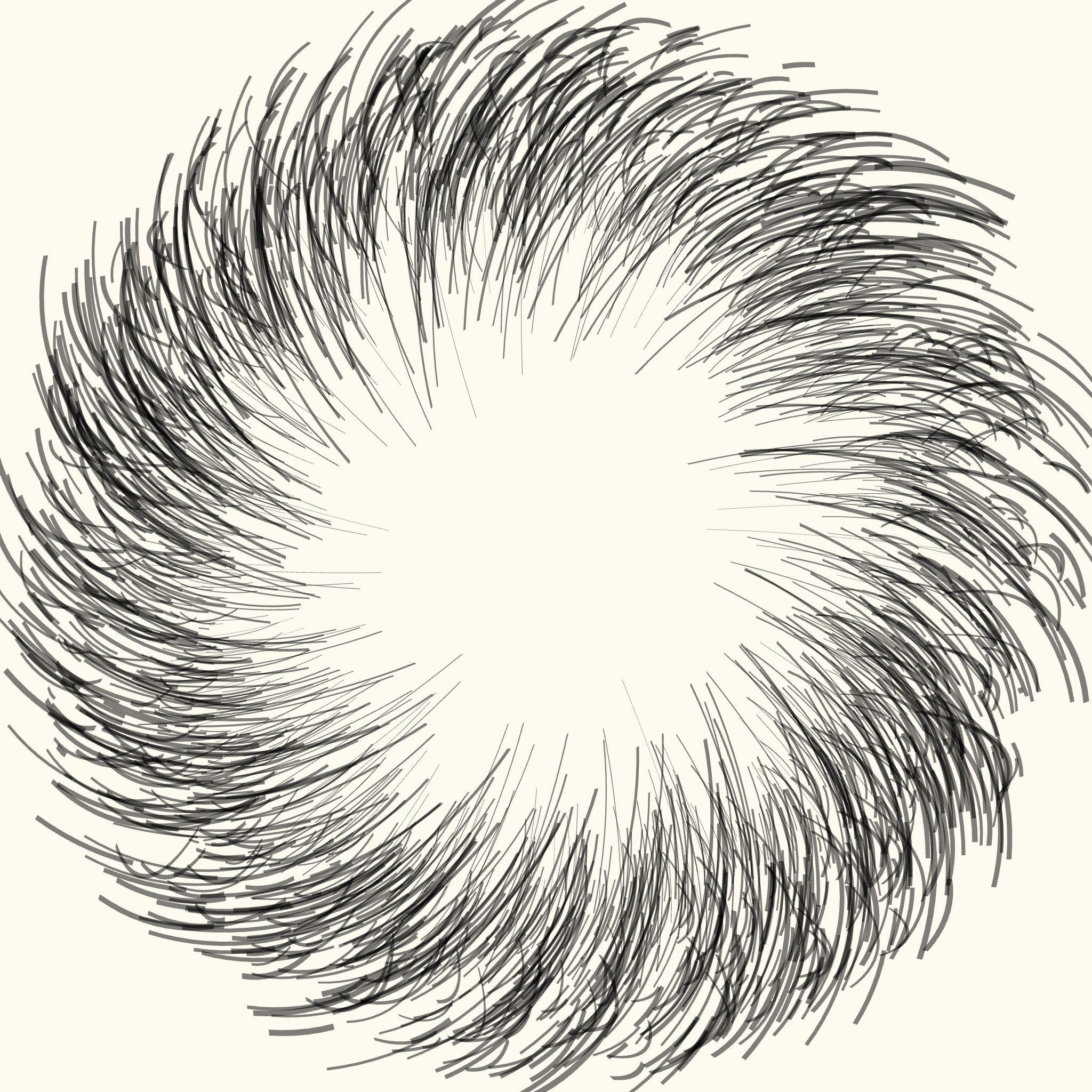 An image showing a black sketch marks etched around to form a circular pattern, generated by an algorithm.