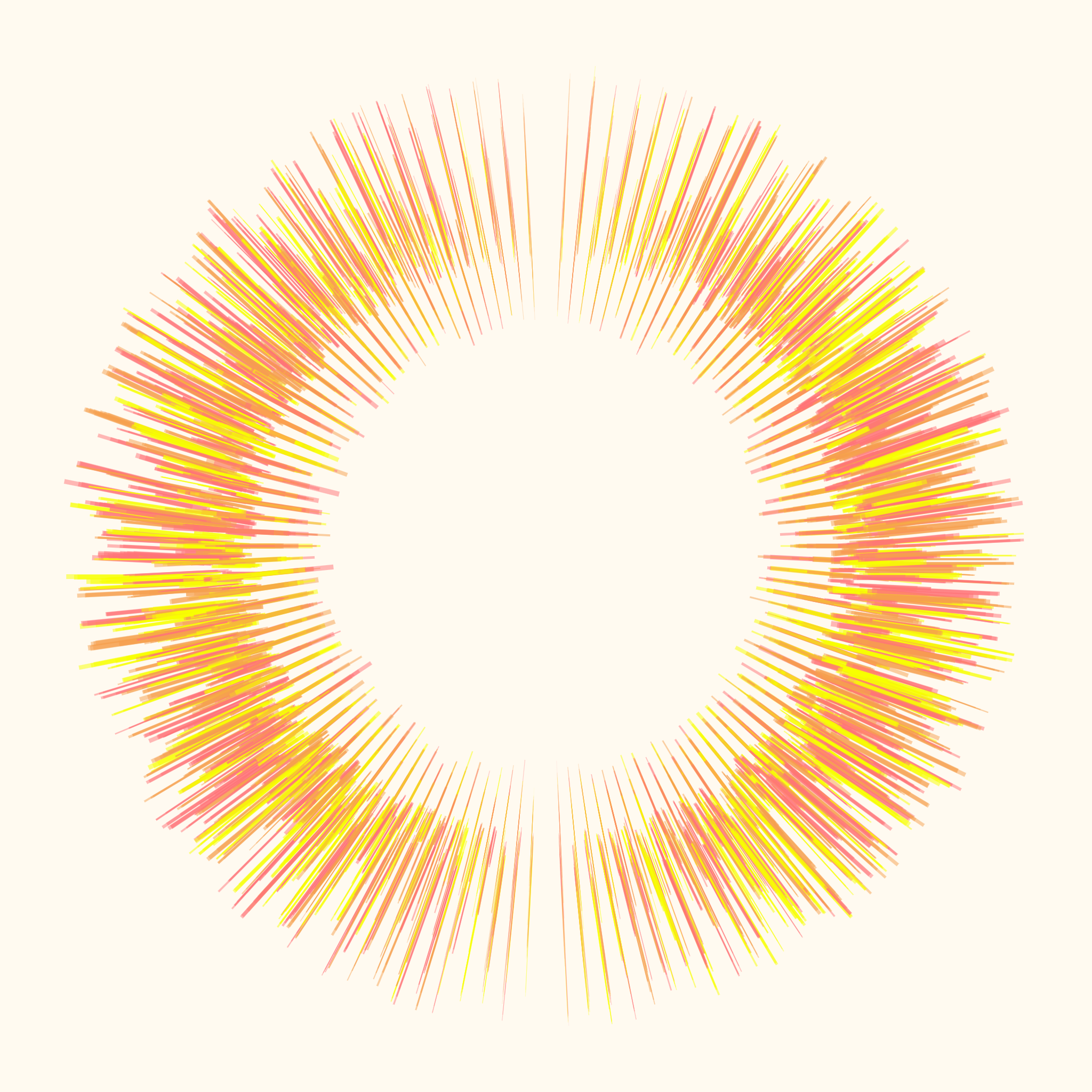 An image showing a circle in the center with yellow-orange tinted lines radiating outwards, simulating a sun (generated by an algorithm.)