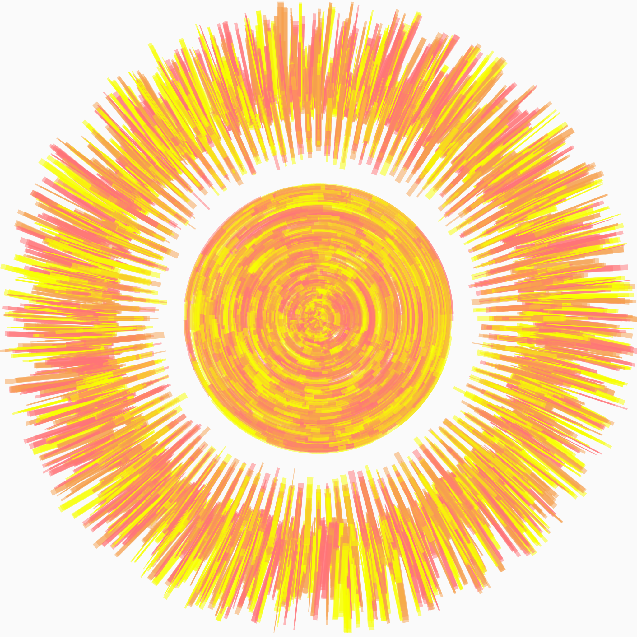 An image showing yellow-orange tinted lines radiating outwards, simulating a sun (generated by an algorithm.)