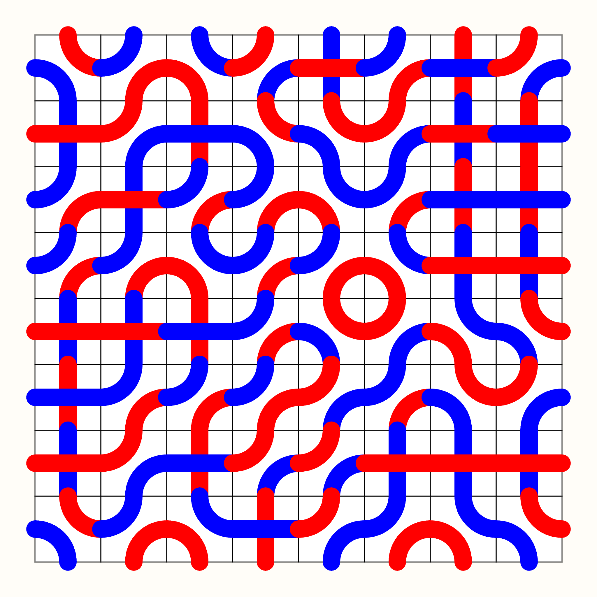 Image showing a quarter-circled truchet tiling, generated in Processing using an algorithm.