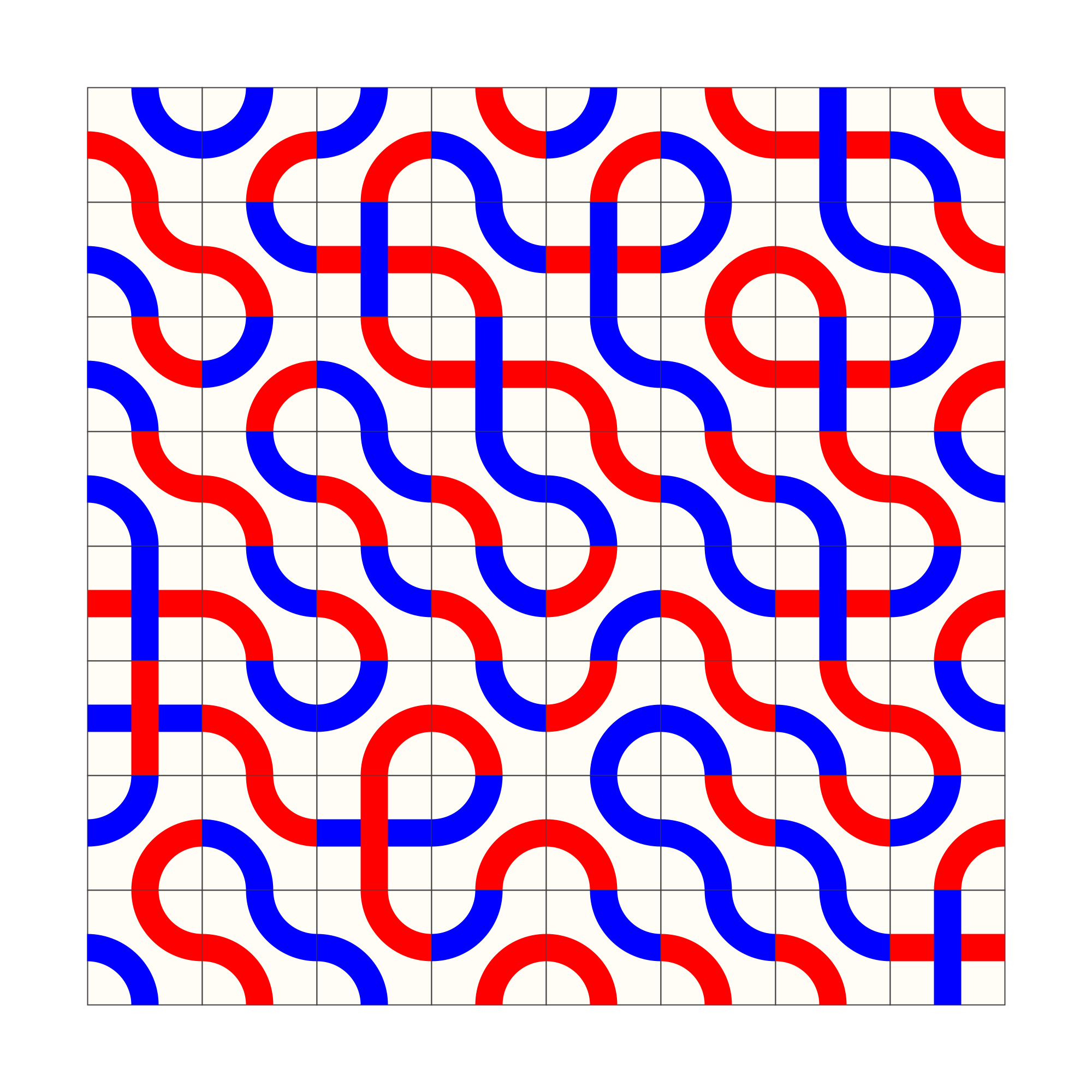 Image showing a quarter-circled truchet tiling, generated in Processing using an algorithm.